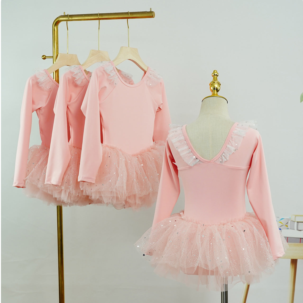 Sparkly Ruffled Lace Neckline Pink Long Sleeved Girls Ballet Leotard Dress Stage Performance Wear