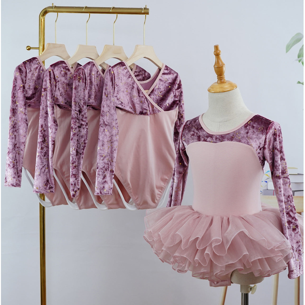 Purple Pink Velvet Top Ballet Leotard Long Sleeves Ballet Training Dance Leotard Dress