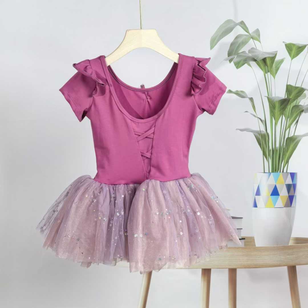 Girls Ruffled Short Sleeves Ballet Dance Leotard Dress with Low Back Stage Performance Wear