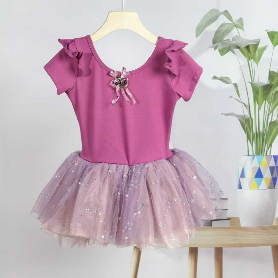 Girls Ruffled Short Sleeves Ballet Dance Leotard Dress with Low Back Stage Performance Wear
