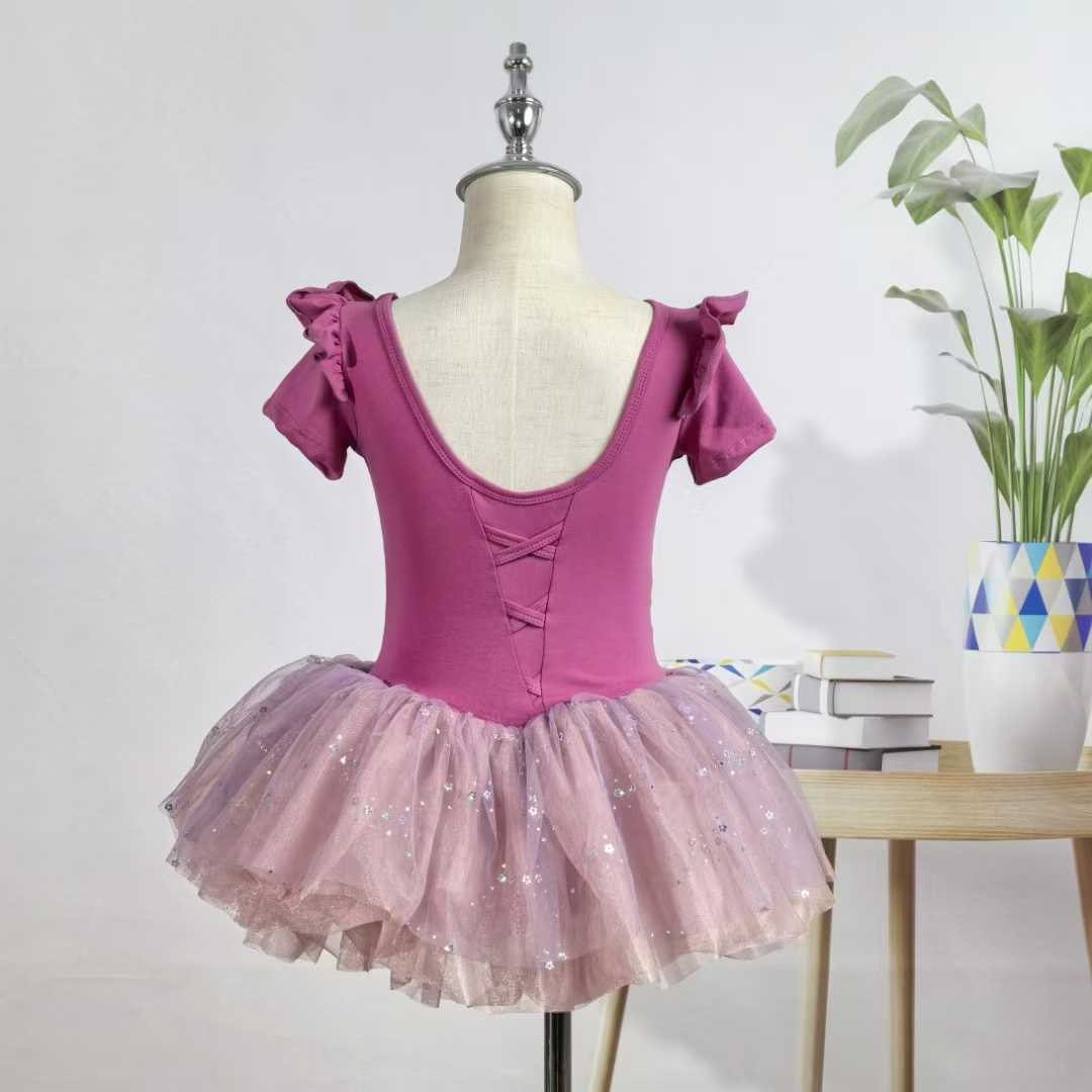 Girls Ruffled Short Sleeves Ballet Dance Leotard Dress with Low Back Stage Performance Wear