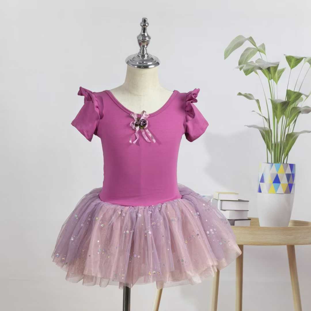 Girls Ruffled Short Sleeves Ballet Dance Leotard Dress with Low Back Stage Performance Wear
