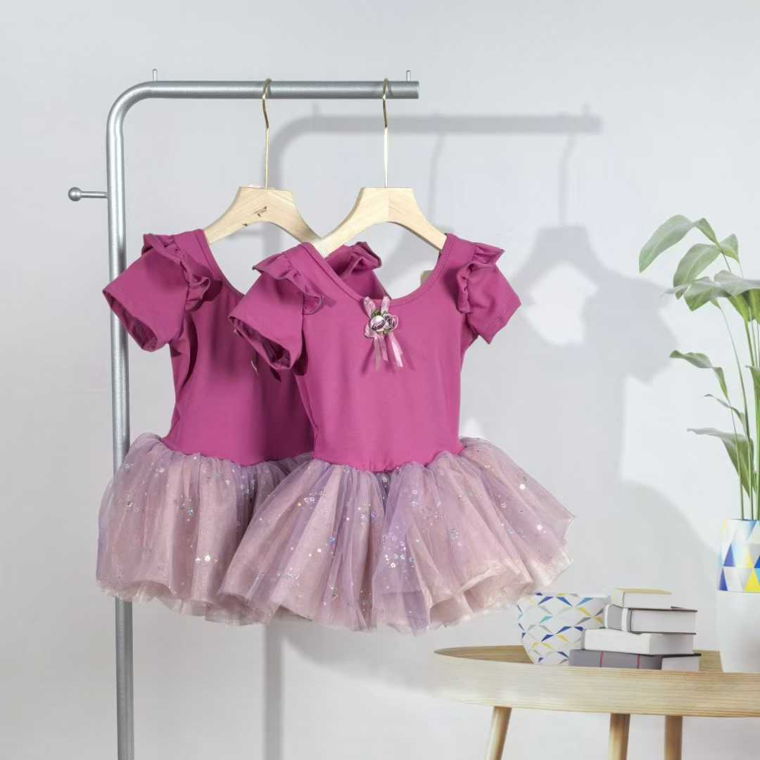 Girls Ruffled Short Sleeves Ballet Dance Leotard Dress with Low Back Stage Performance Wear