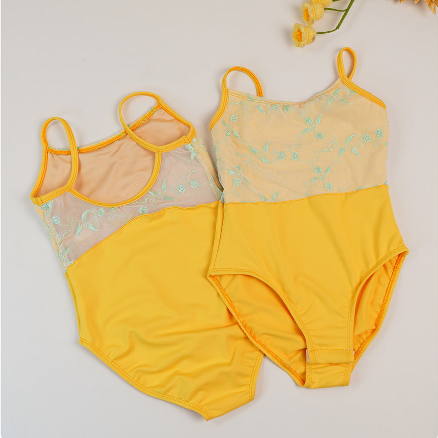missfiona Girls Yellow Ballet Leotard Flower Embroidery Top Tutu Skirt Set Dance Activewear