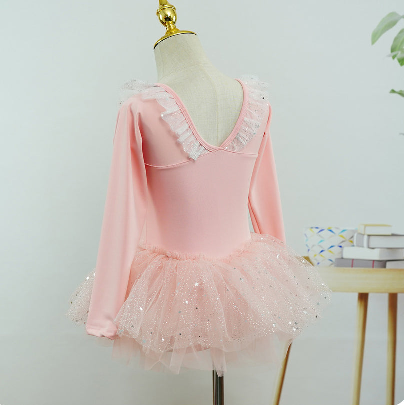 Sparkly Ruffled Lace Neckline Pink Long Sleeved Girls Ballet Leotard Dress Stage Performance Wear
