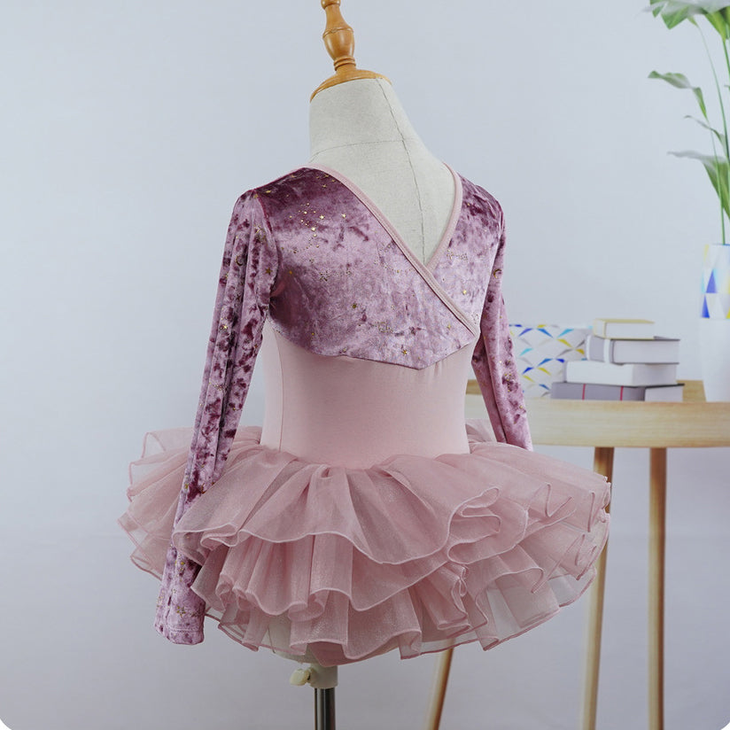 Purple Pink Velvet Top Ballet Leotard Long Sleeves Ballet Training Dance Leotard Dress