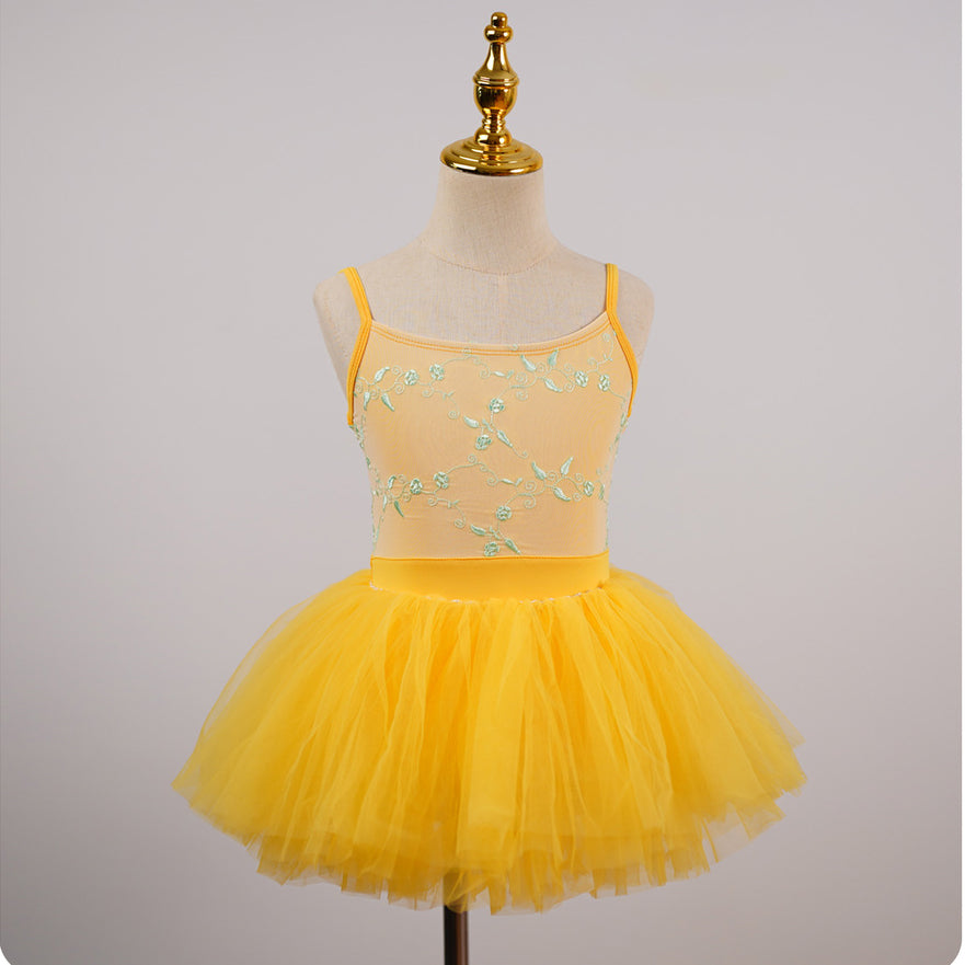 missfiona Girls Yellow Ballet Leotard Flower Embroidery Top Tutu Skirt Set Dance Activewear