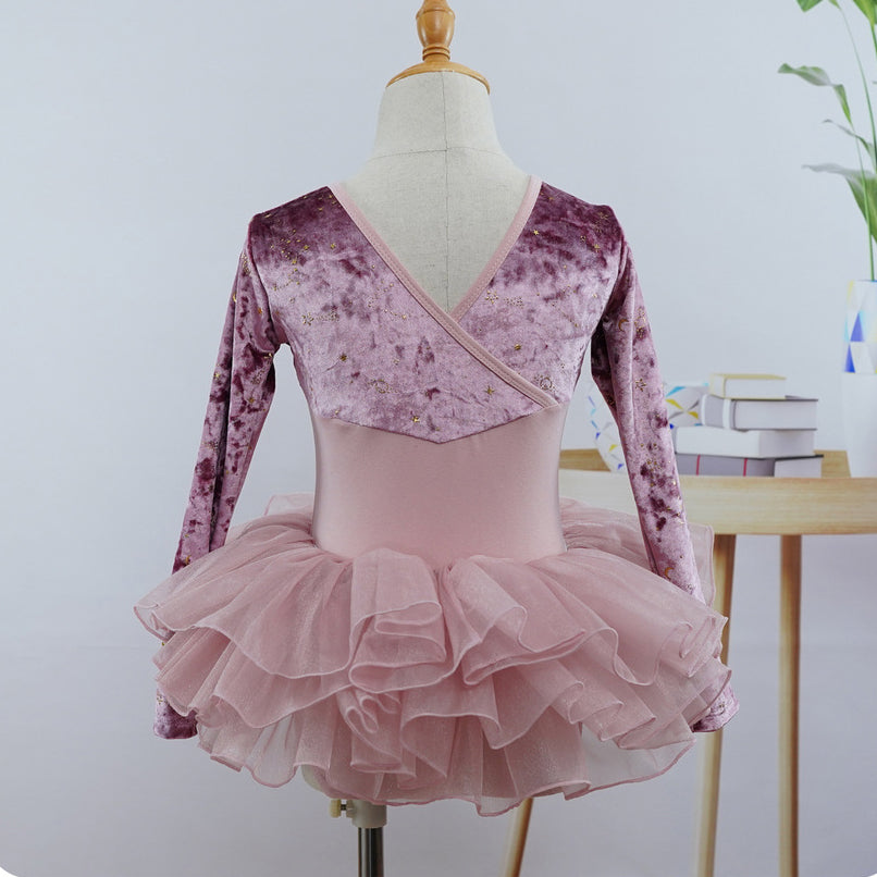 Purple Pink Velvet Top Ballet Leotard Long Sleeves Ballet Training Dance Leotard Dress