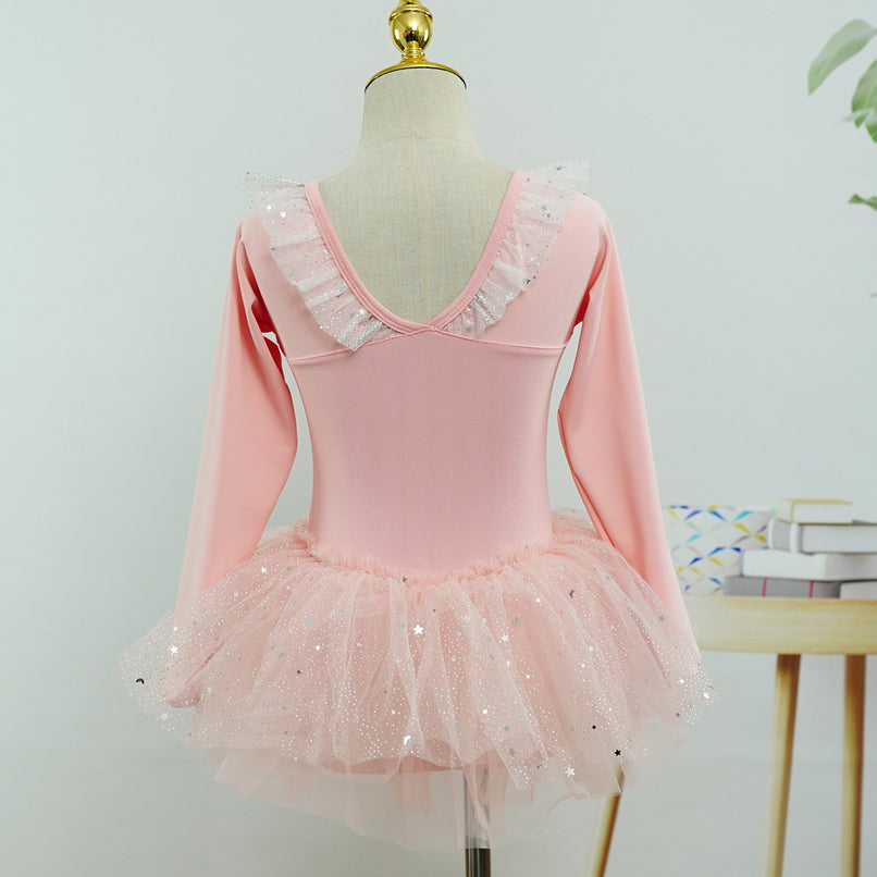 Sparkly Ruffled Lace Neckline Pink Long Sleeved Girls Ballet Leotard Dress Stage Performance Wear