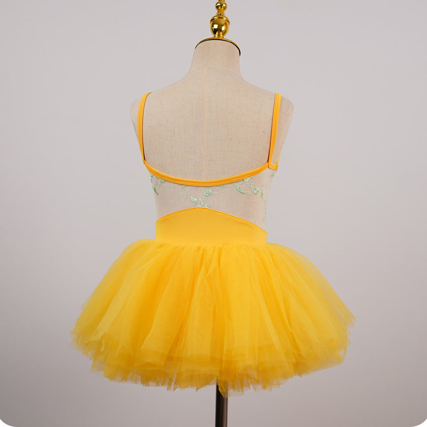 missfiona Girls Yellow Ballet Leotard Flower Embroidery Top Tutu Skirt Set Dance Activewear