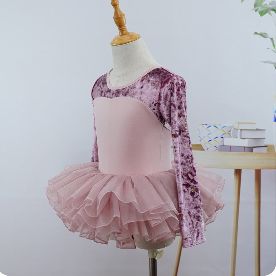 Purple Pink Velvet Top Ballet Leotard Long Sleeves Ballet Training Dance Leotard Dress