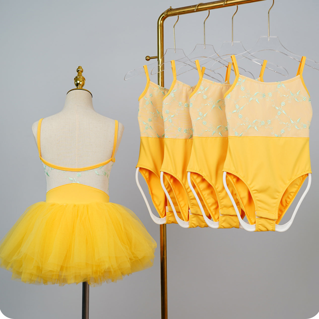 missfiona Girls Yellow Ballet Leotard Flower Embroidery Top Tutu Skirt Set Dance Activewear