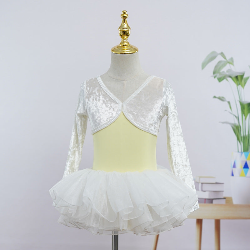Girls 2025 White Yellow Long Sleeves Ballet Dance Leotard Velvet Top Autumn Training Wear