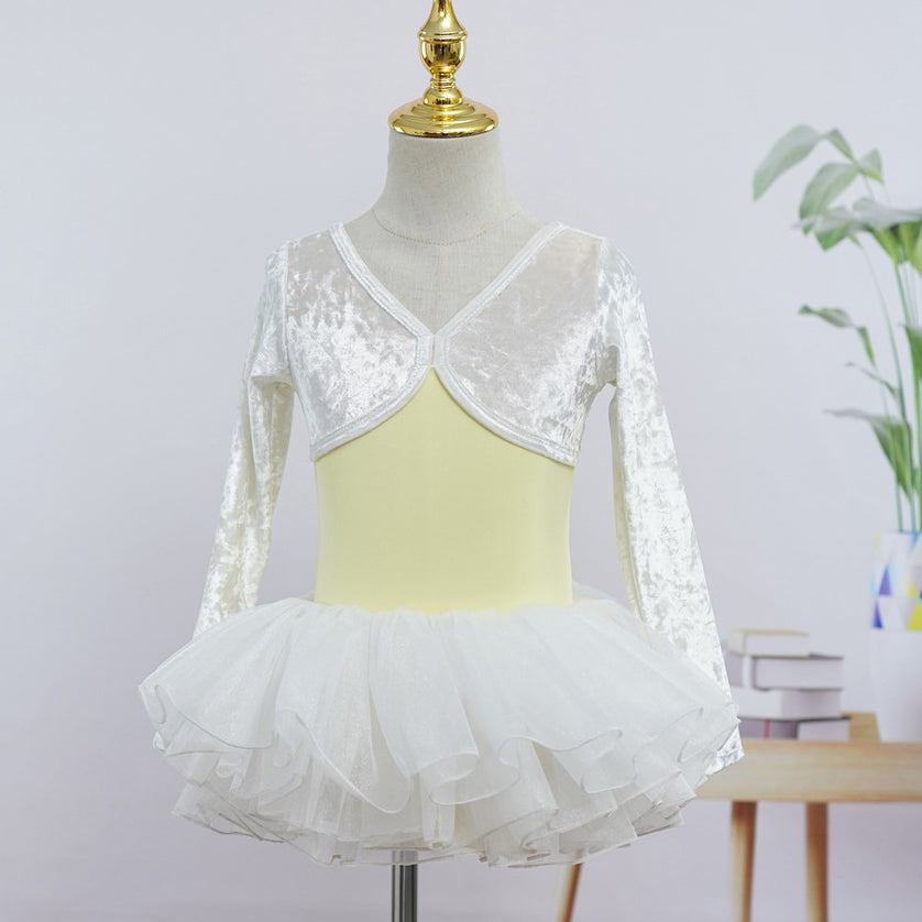 Girls 2025 White Yellow Long Sleeves Ballet Dance Leotard Velvet Top Autumn Training Wear