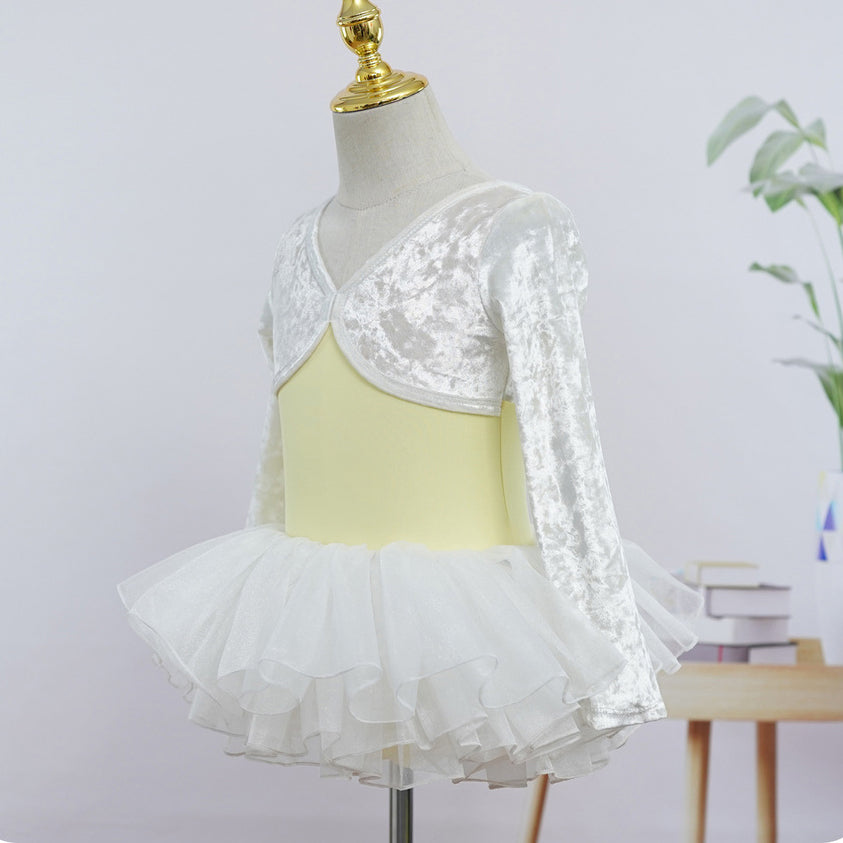 Girls 2025 White Yellow Long Sleeves Ballet Dance Leotard Velvet Top Autumn Training Wear