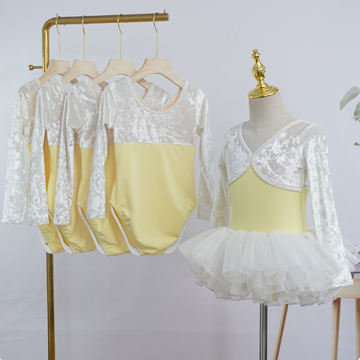Girls 2025 White Yellow Long Sleeves Ballet Dance Leotard Velvet Top Autumn Training Wear