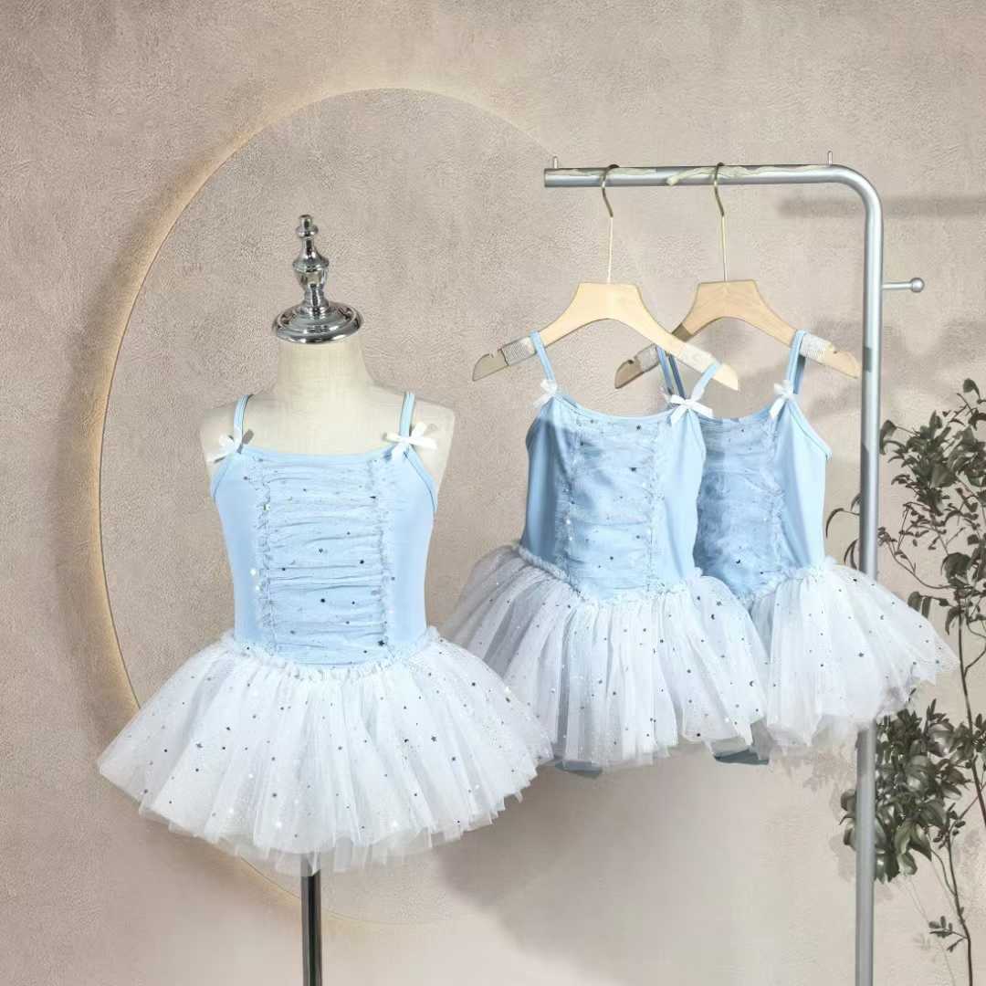 Girls Sparkly Skirted Ballet Leotard Kids Cute Blue Sleeveless Dance Training Leotard Dress