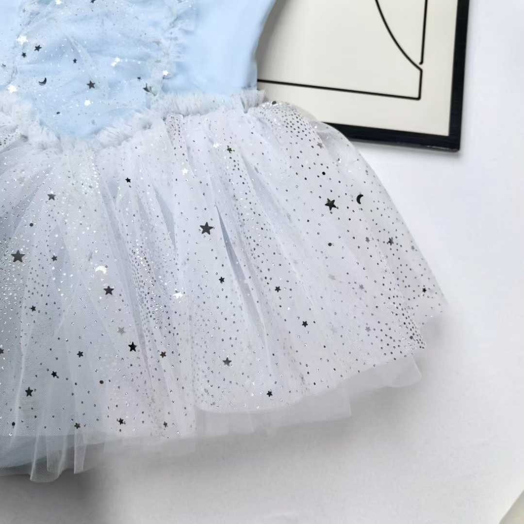 Girls Sparkly Skirted Ballet Leotard Kids Cute Blue Sleeveless Dance Training Leotard Dress