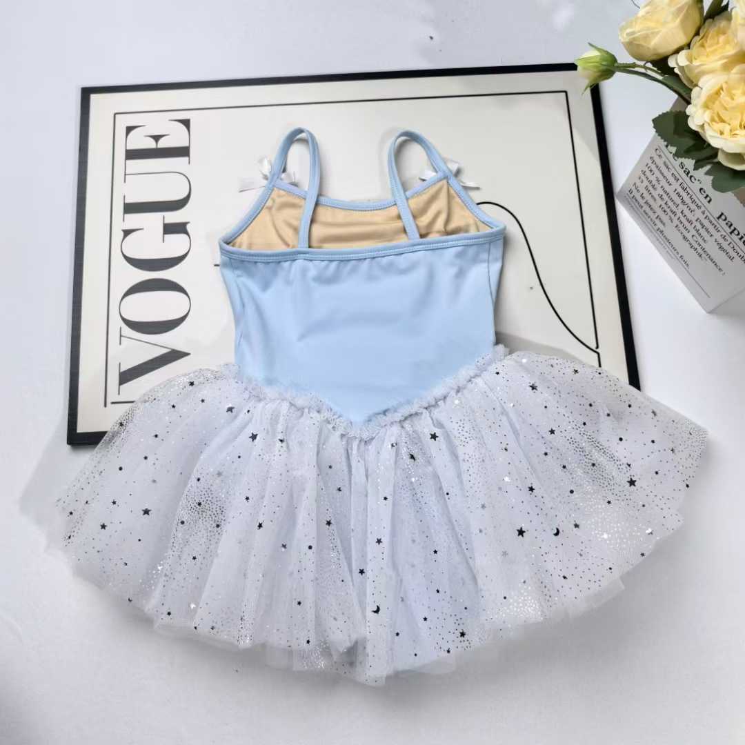 Girls Sparkly Skirted Ballet Leotard Kids Cute Blue Sleeveless Dance Training Leotard Dress