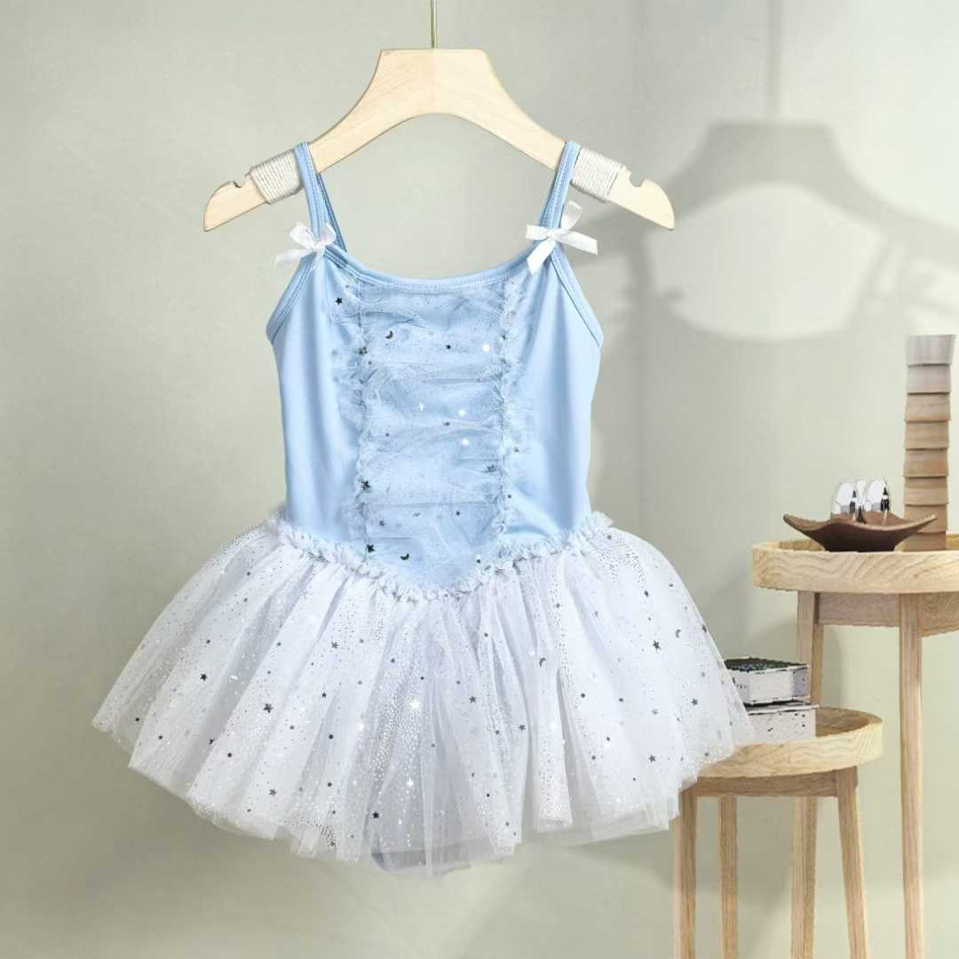 Girls Sparkly Skirted Ballet Leotard Kids Cute Blue Sleeveless Dance Training Leotard Dress