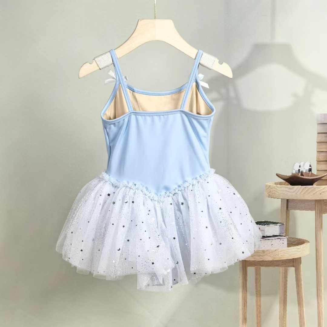 Girls Sparkly Skirted Ballet Leotard Kids Cute Blue Sleeveless Dance Training Leotard Dress