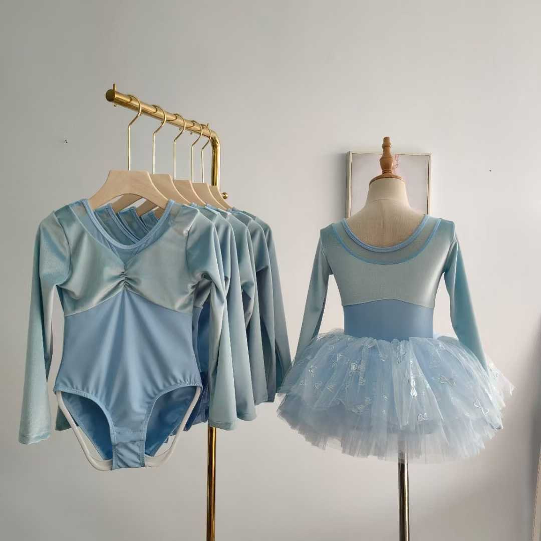 Girls Blue Long Sleeves Dance Leotard Tutut Dress Princess Party Ballet Costume Dress