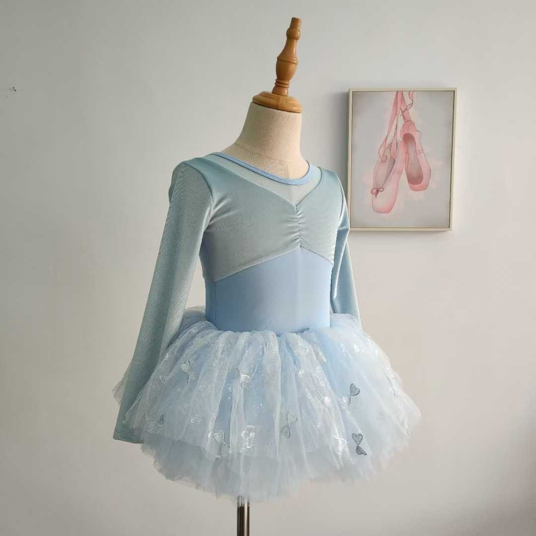Girls Blue Long Sleeves Dance Leotard Tutut Dress Princess Party Ballet Costume Dress