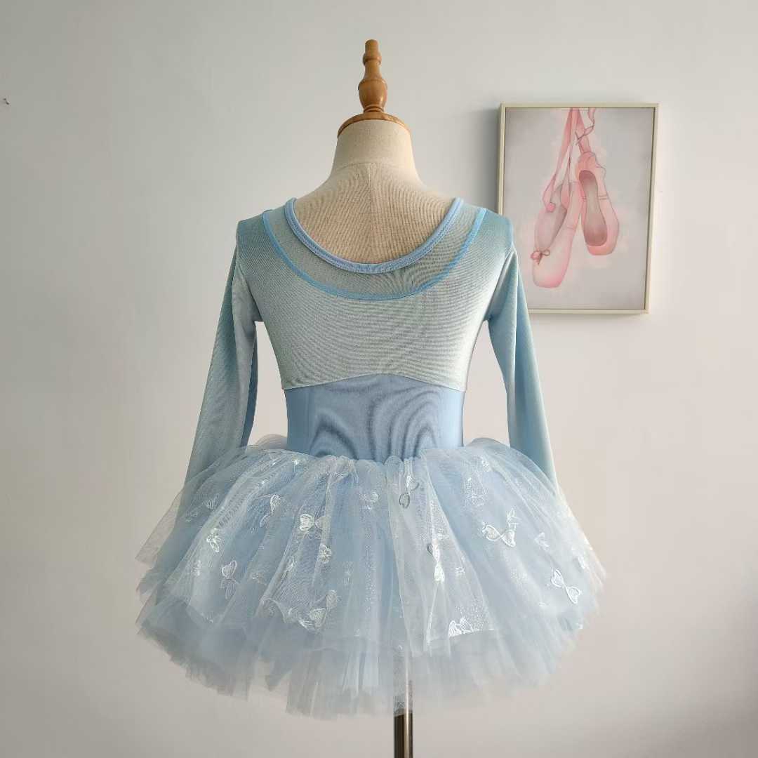 Girls Blue Long Sleeves Dance Leotard Tutut Dress Princess Party Ballet Costume Dress