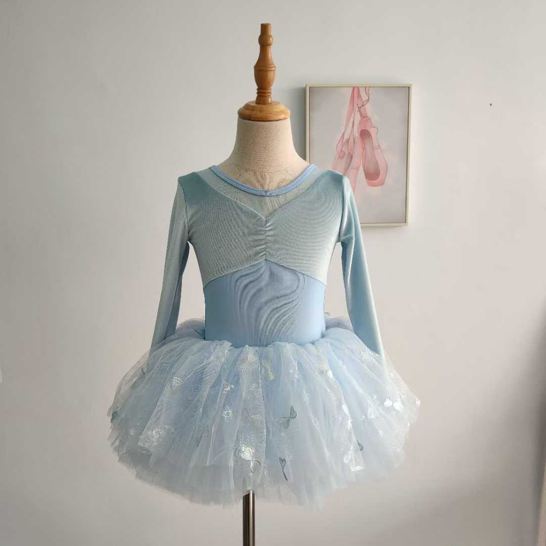Girls Blue Long Sleeves Dance Leotard Tutut Dress Princess Party Ballet Costume Dress