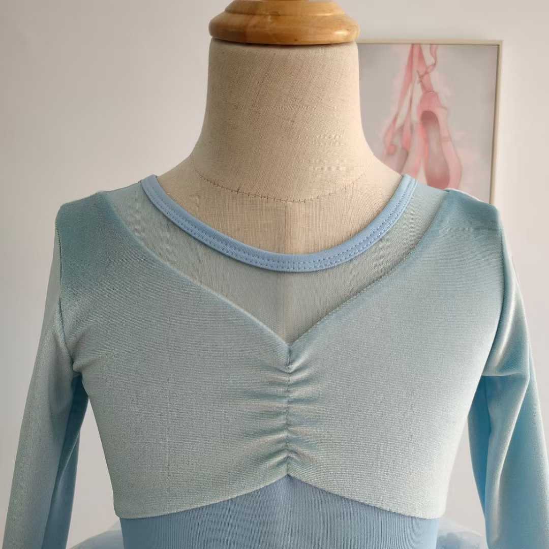 Girls Blue Long Sleeves Dance Leotard Tutut Dress Princess Party Ballet Costume Dress