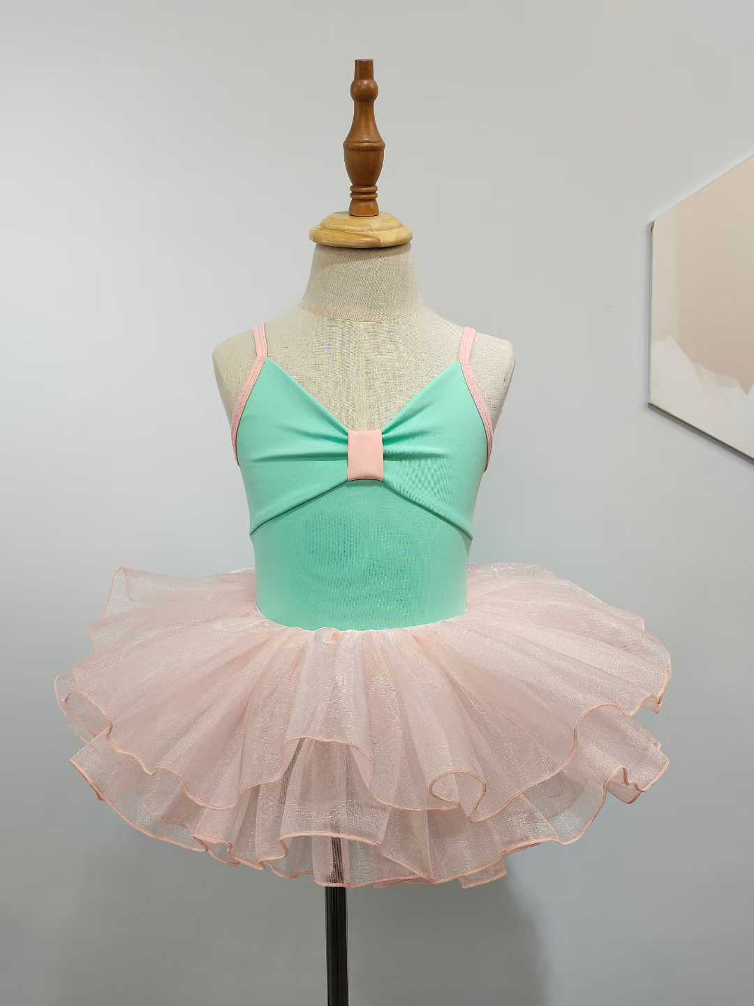 Girls Bowknot Top Ballet Leotard Dress for Dancing Two Tone Candy Color 2 Pcs Set Dance Leotard with Spaghetti Straps