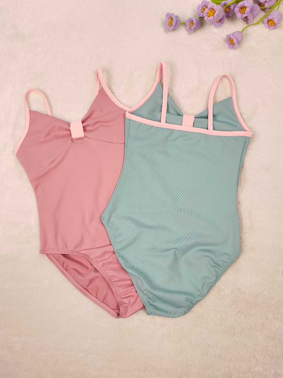 Girls Bowknot Top Ballet Leotard Dress for Dancing Two Tone Candy Color 2 Pcs Set Dance Leotard with Spaghetti Straps