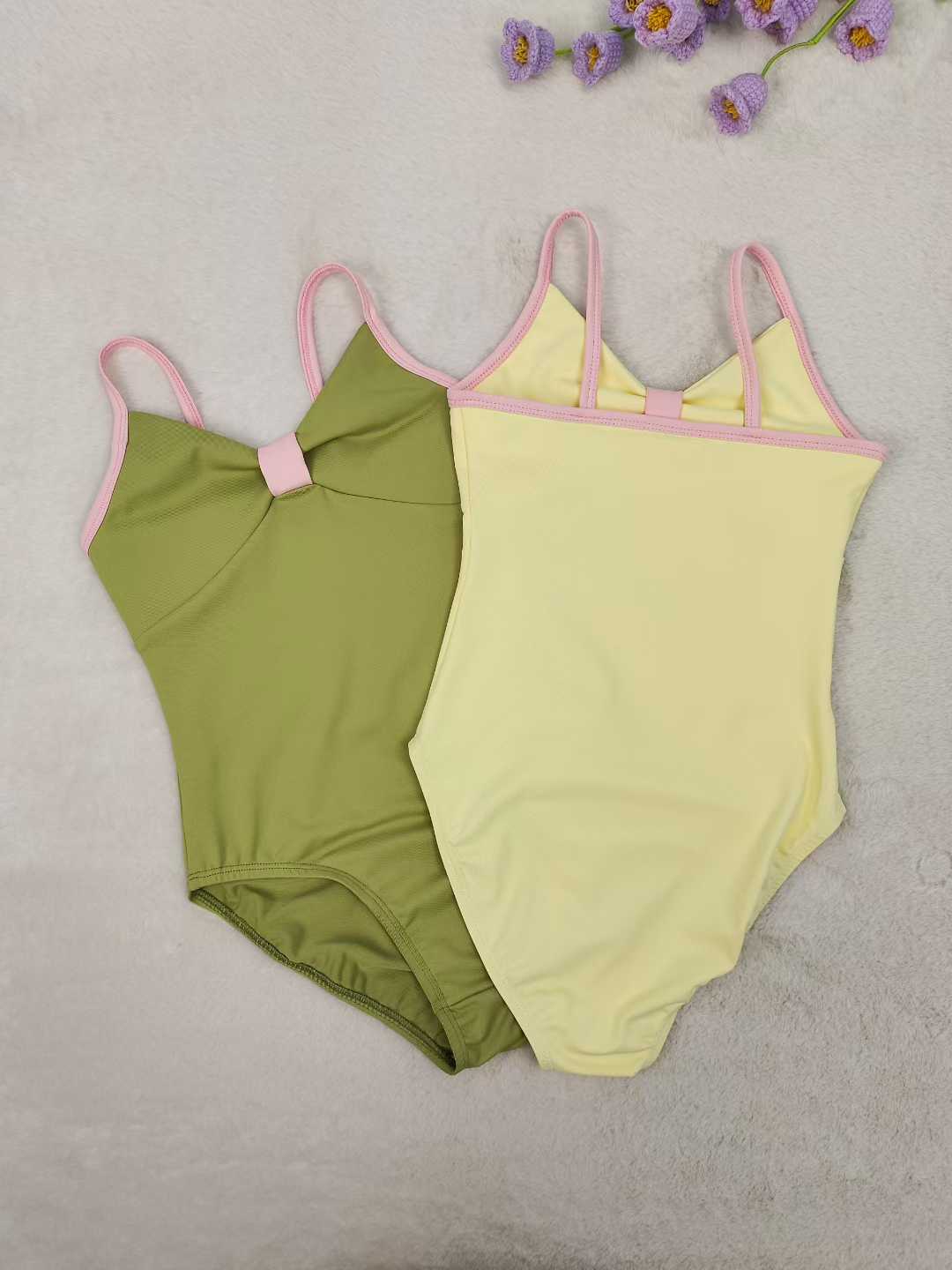 Girls Bowknot Top Ballet Leotard Dress for Dancing Two Tone Candy Color 2 Pcs Set Dance Leotard with Spaghetti Straps