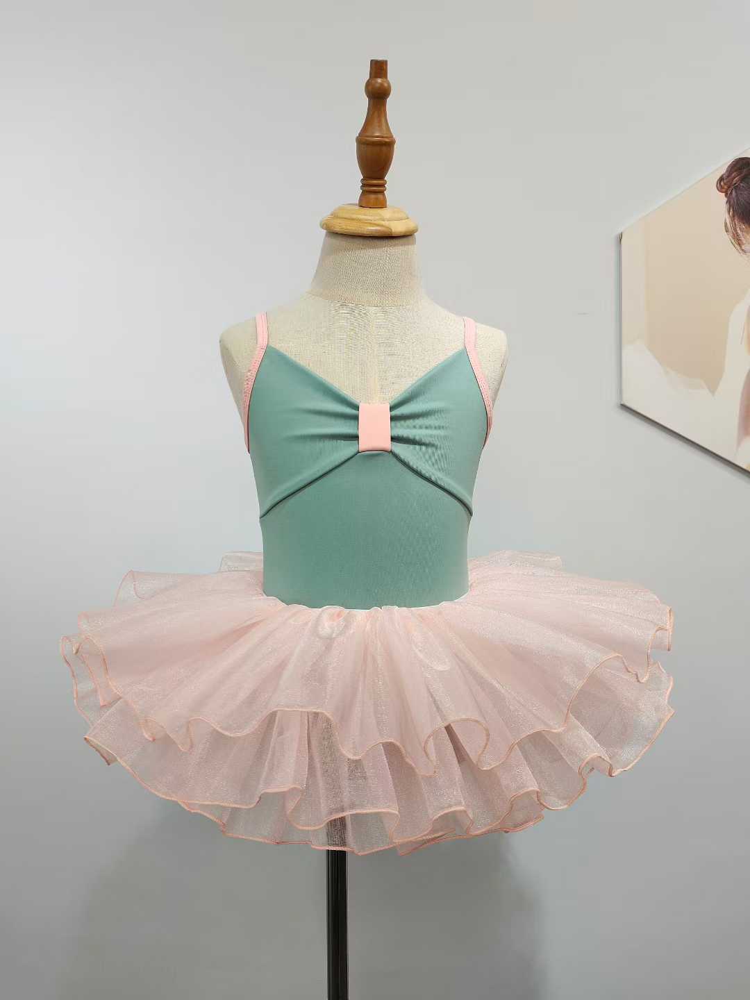 Girls Bowknot Top Ballet Leotard Dress for Dancing Two Tone Candy Color 2 Pcs Set Dance Leotard with Spaghetti Straps