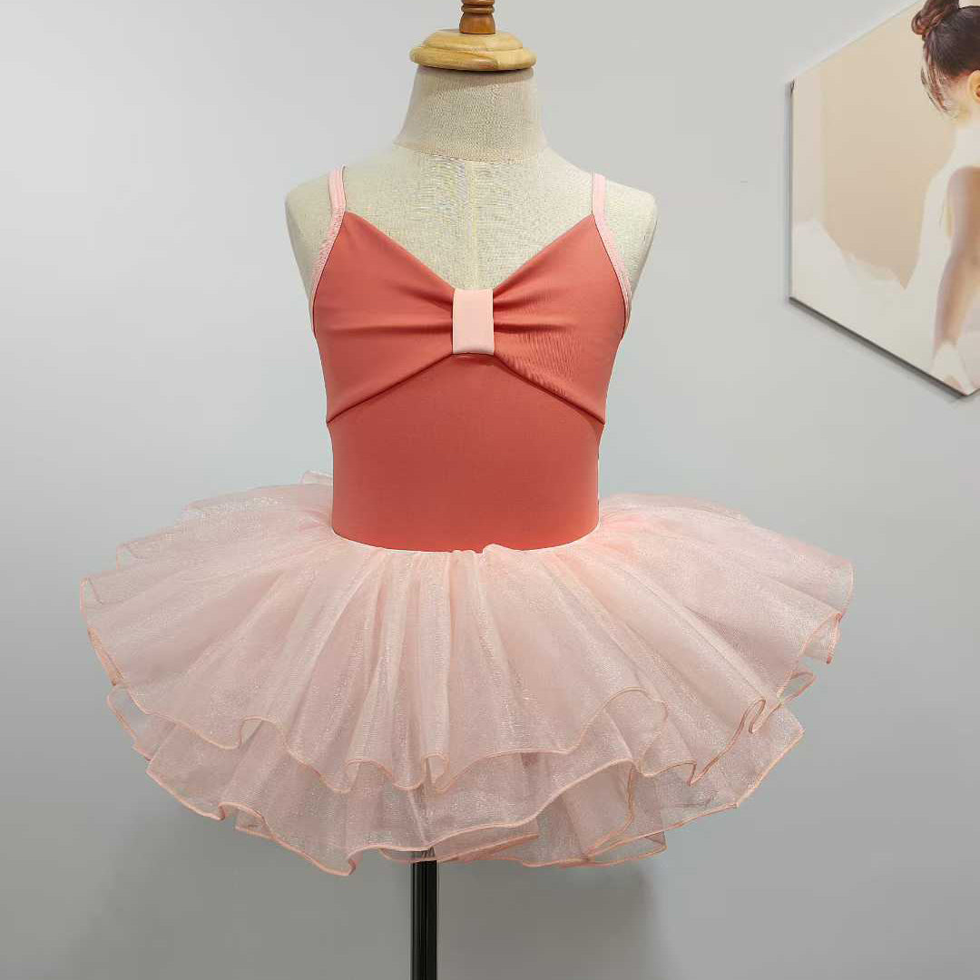 Girls Bowknot Top Ballet Leotard Dress for Dancing Two Tone Candy Color 2 Pcs Set Dance Leotard with Spaghetti Straps