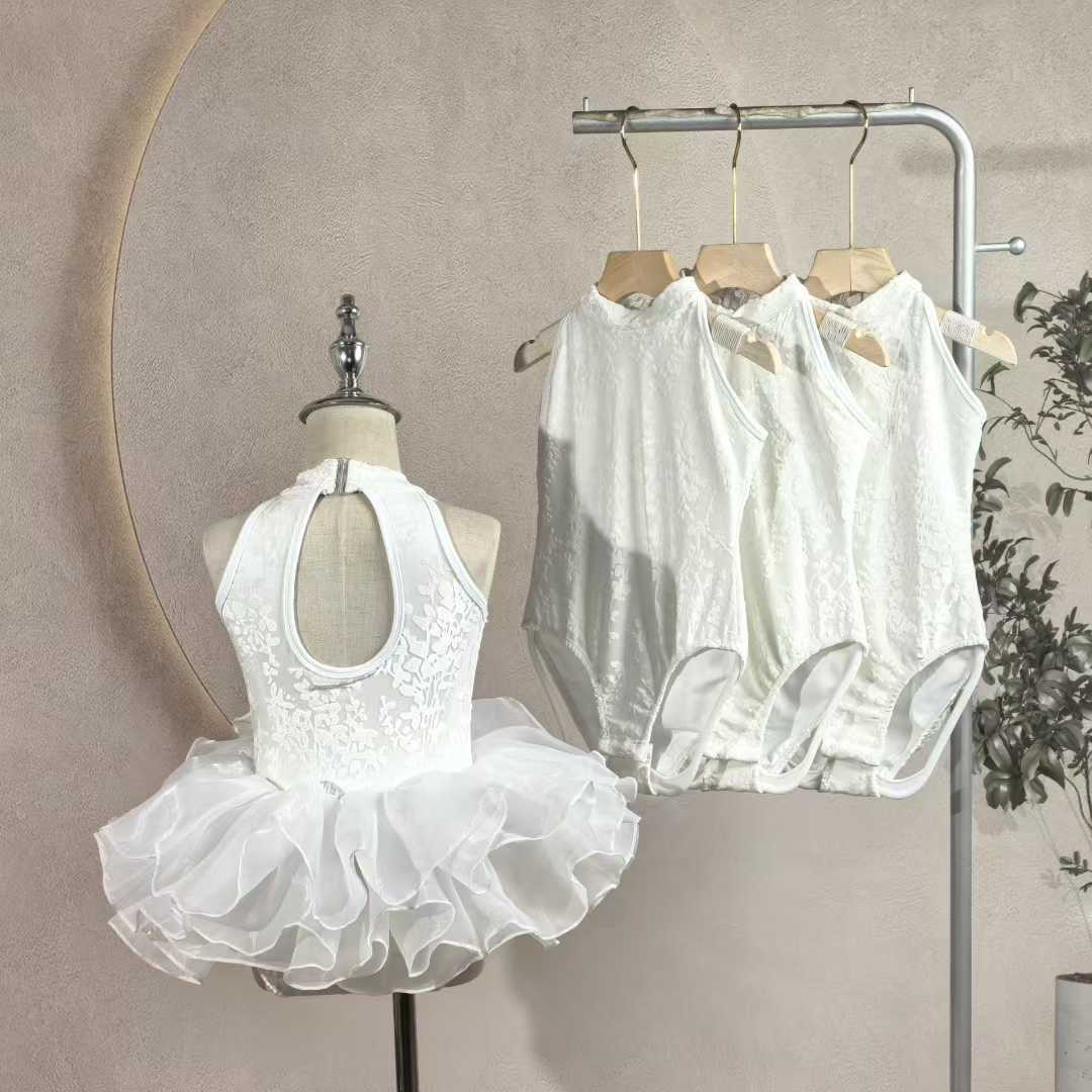 Girls White Lace Ballet Leotard Kids High Neck Tutu Dance Leotard Princess Dress