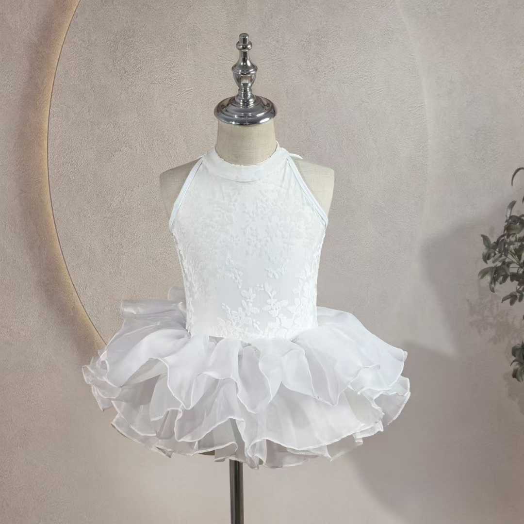 Girls White Lace Ballet Leotard Kids High Neck Tutu Dance Leotard Princess Dress