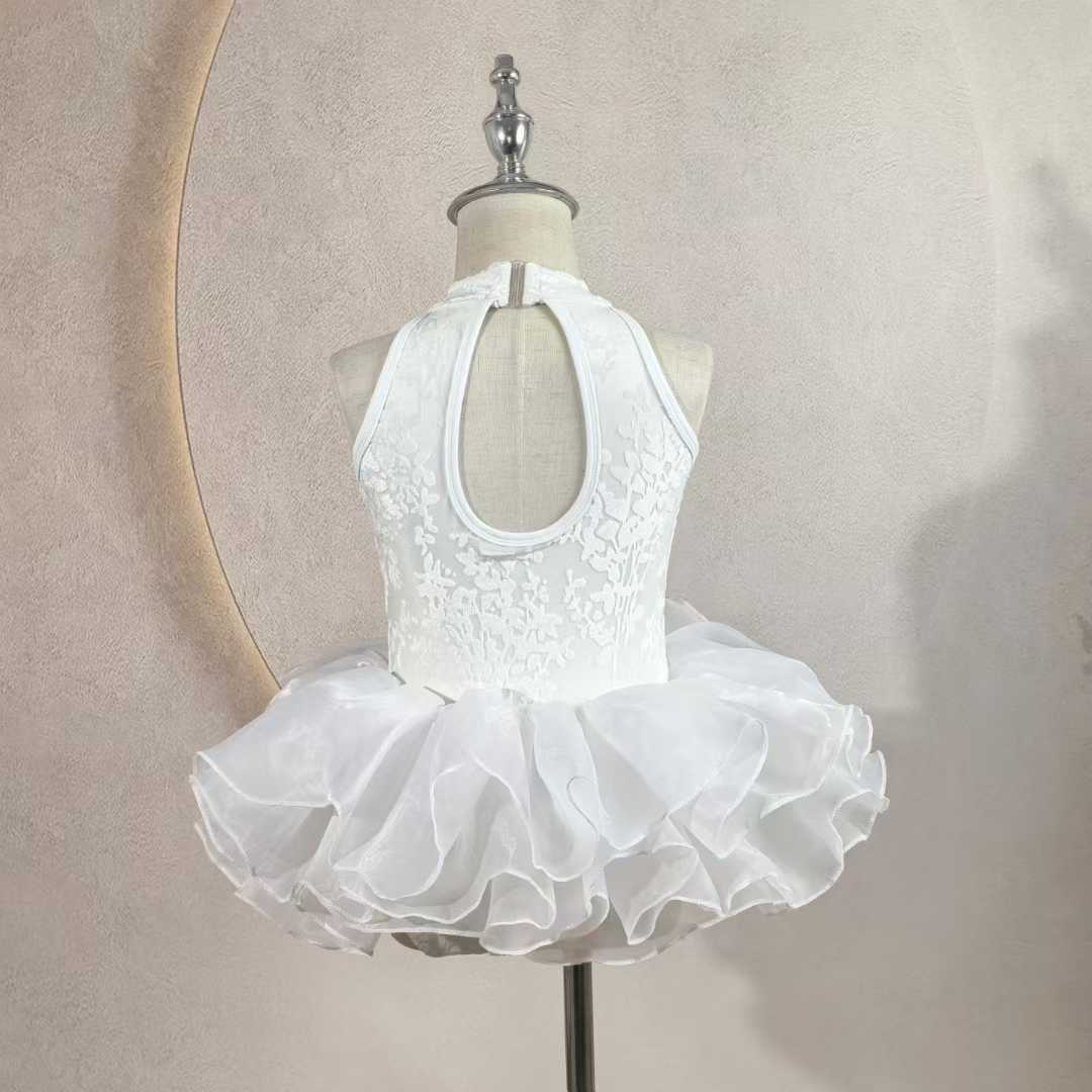 Girls White Lace Ballet Leotard Kids High Neck Tutu Dance Leotard Princess Dress