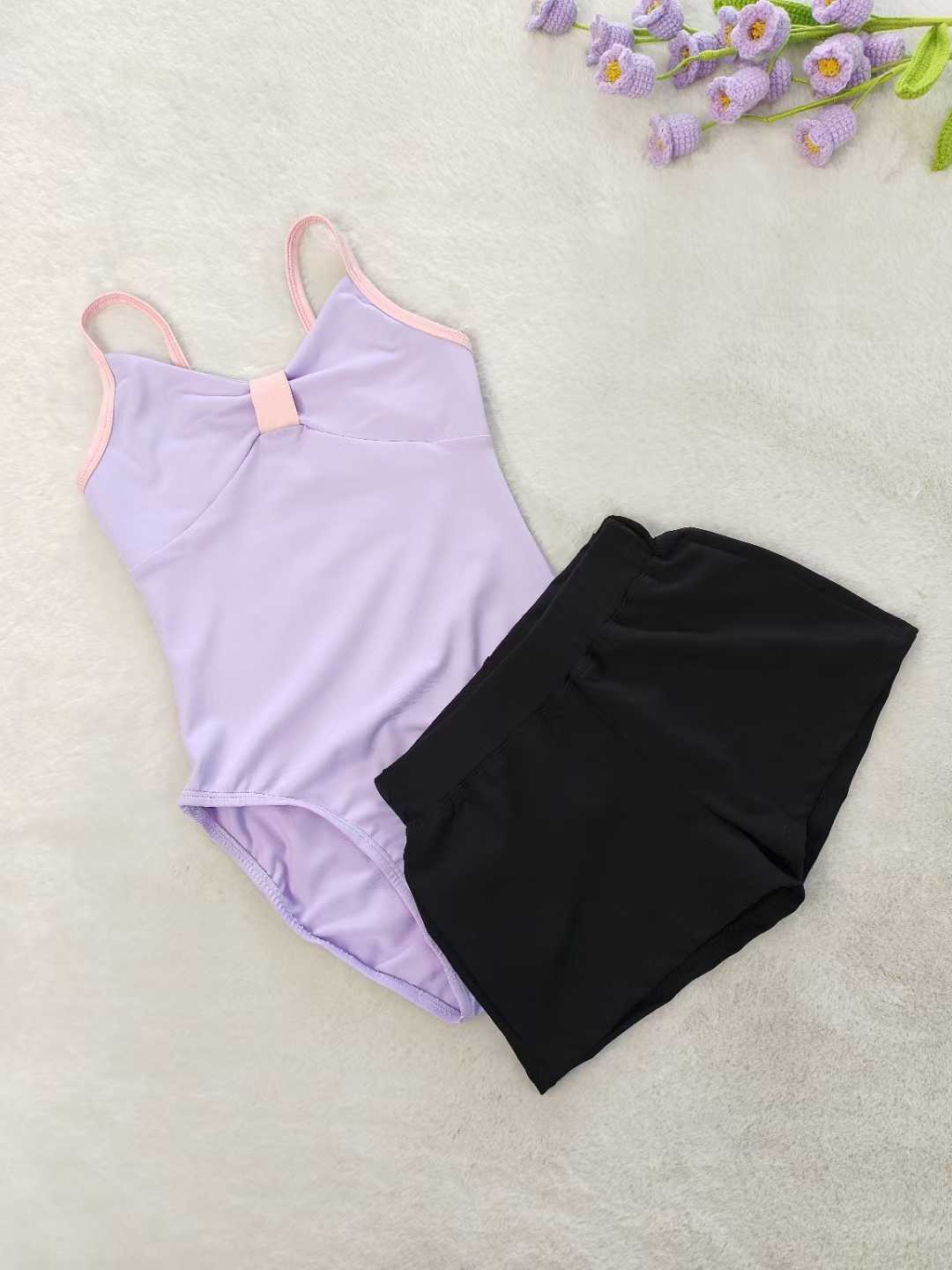 Kids Girls Ballet Leotard Shorts 2 Pieces Set Spaghetti Straps Training Wear