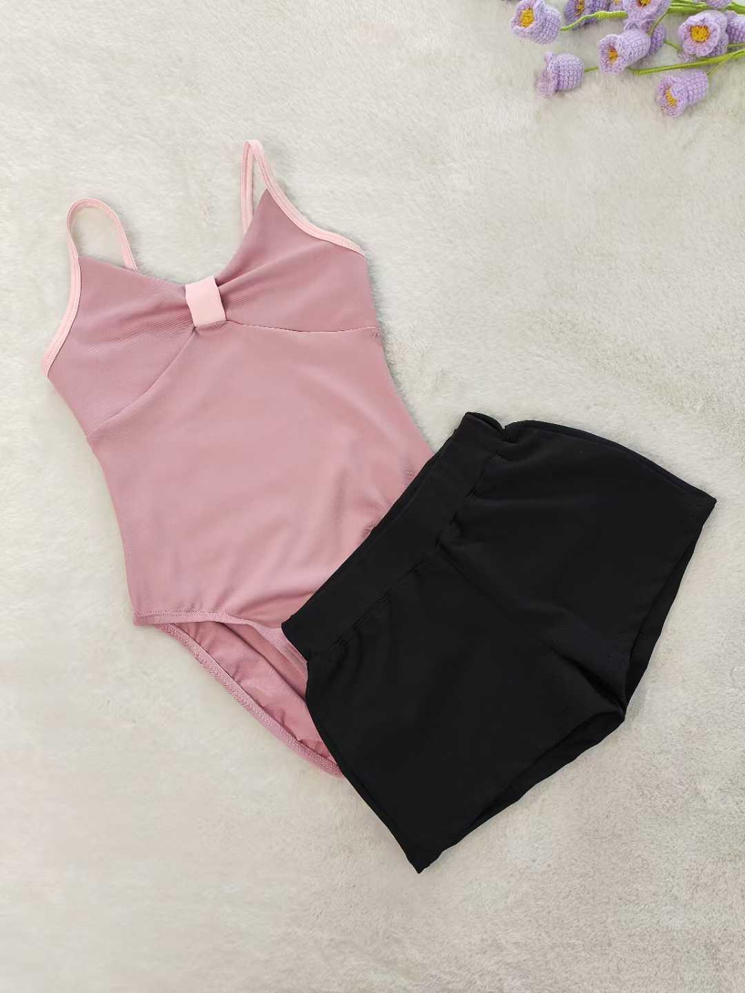 Kids Girls Ballet Leotard Shorts 2 Pieces Set Spaghetti Straps Training Wear