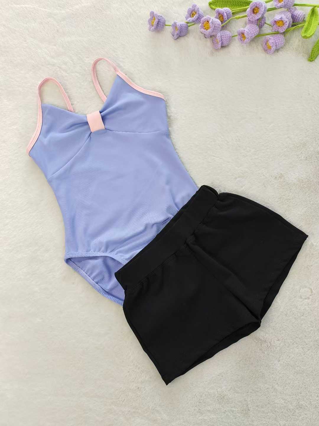 Kids Girls Ballet Leotard Shorts 2 Pieces Set Spaghetti Straps Training Wear
