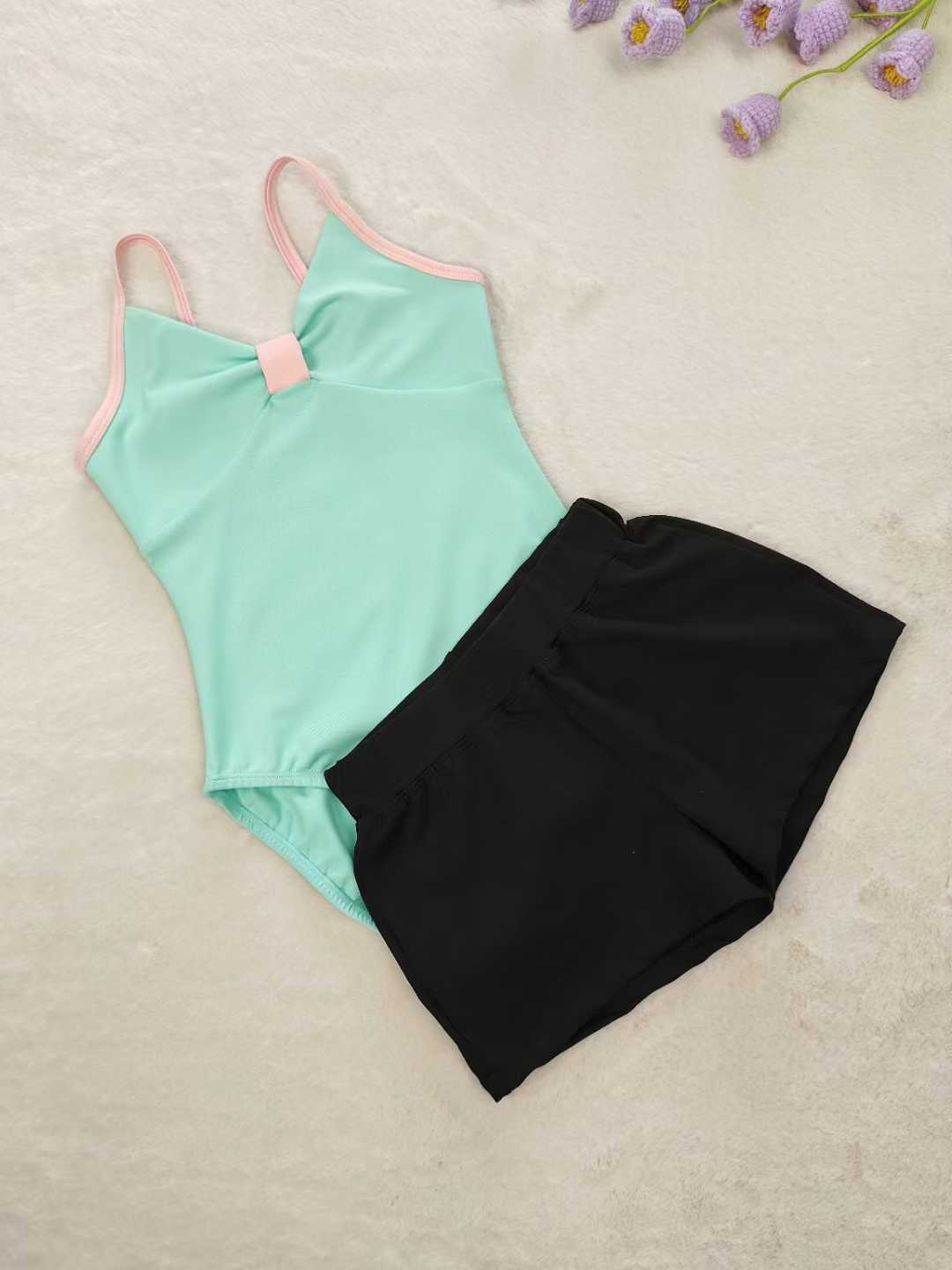 Kids Girls Ballet Leotard Shorts 2 Pieces Set Spaghetti Straps Training Wear