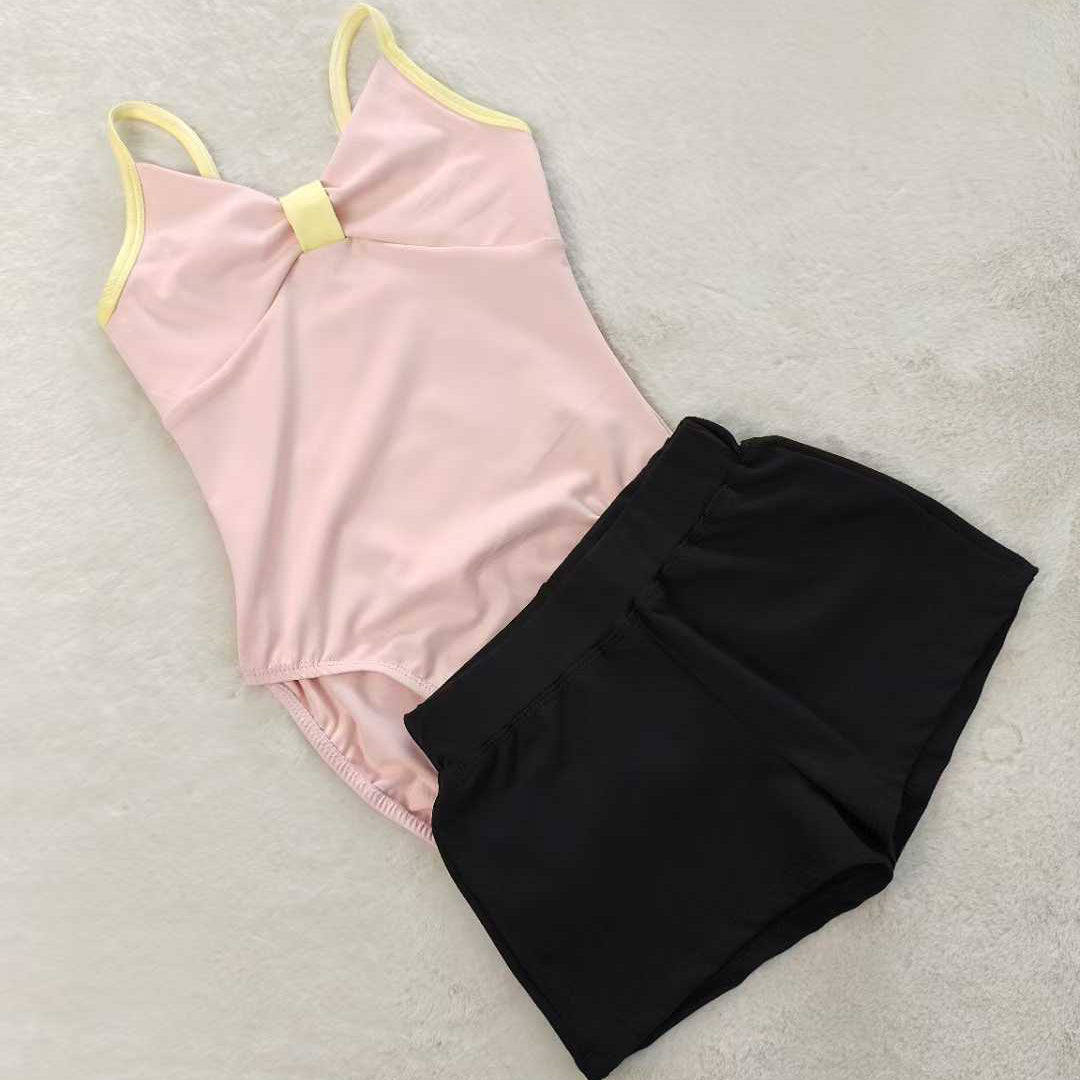 Kids Girls Ballet Leotard Shorts 2 Pieces Set Spaghetti Straps Training Wear