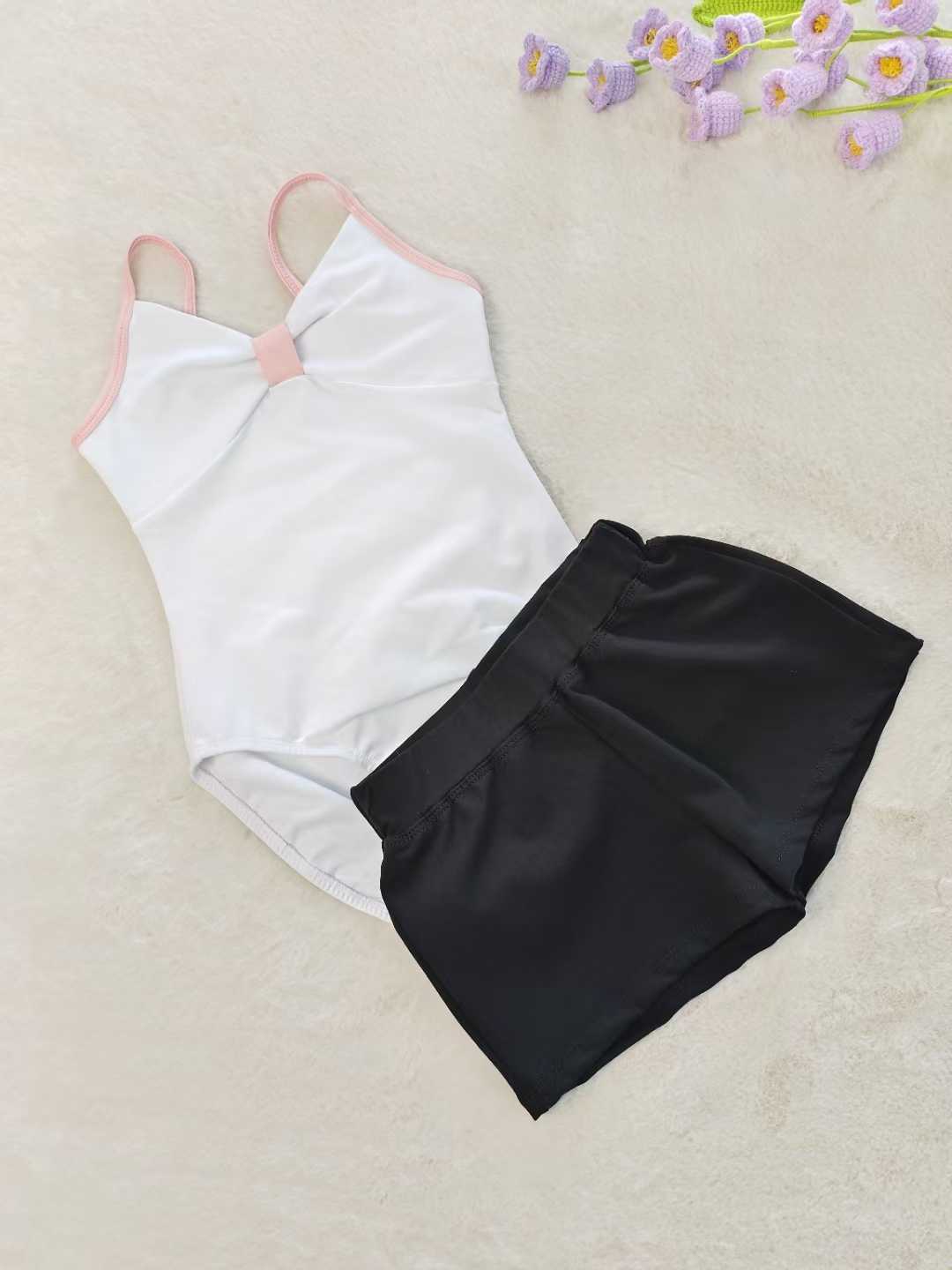 Kids Girls Ballet Leotard Shorts 2 Pieces Set Spaghetti Straps Training Wear