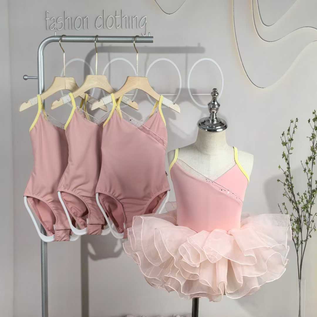 2025 Trendy Kids Girls Ballet Dance Wear Closed Crotch Cotton Camisole Leotard Two Tone