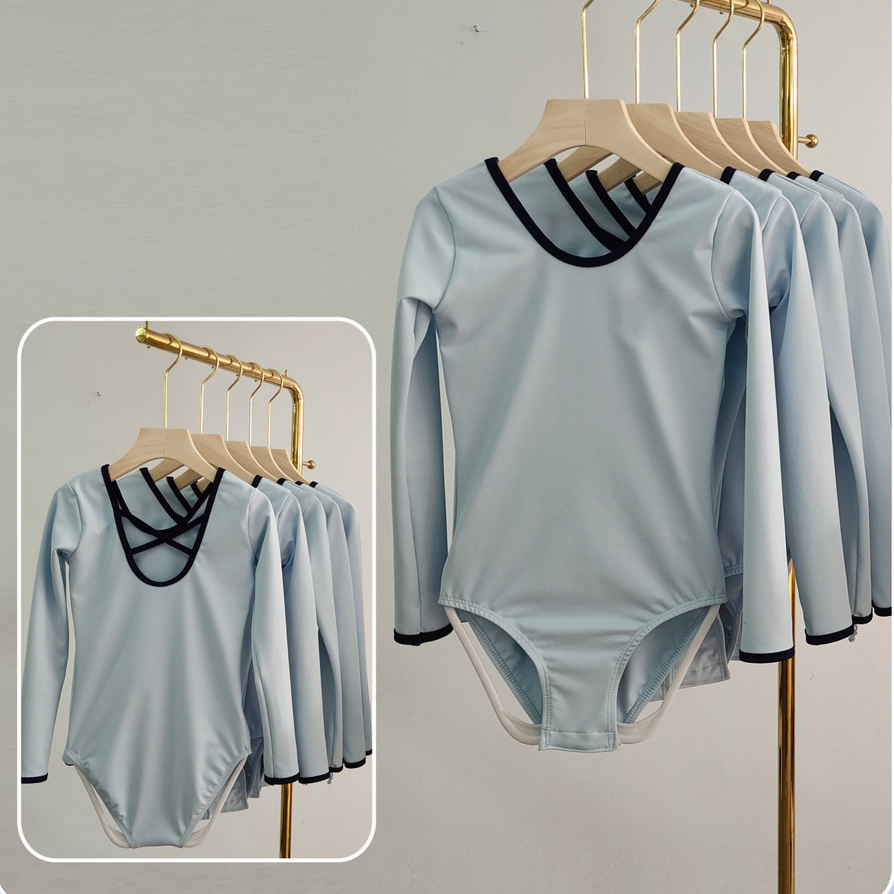 missfiona Blue Long Sleeves Ballet Dance Leotard Set Girls Low Back Dance Activewear