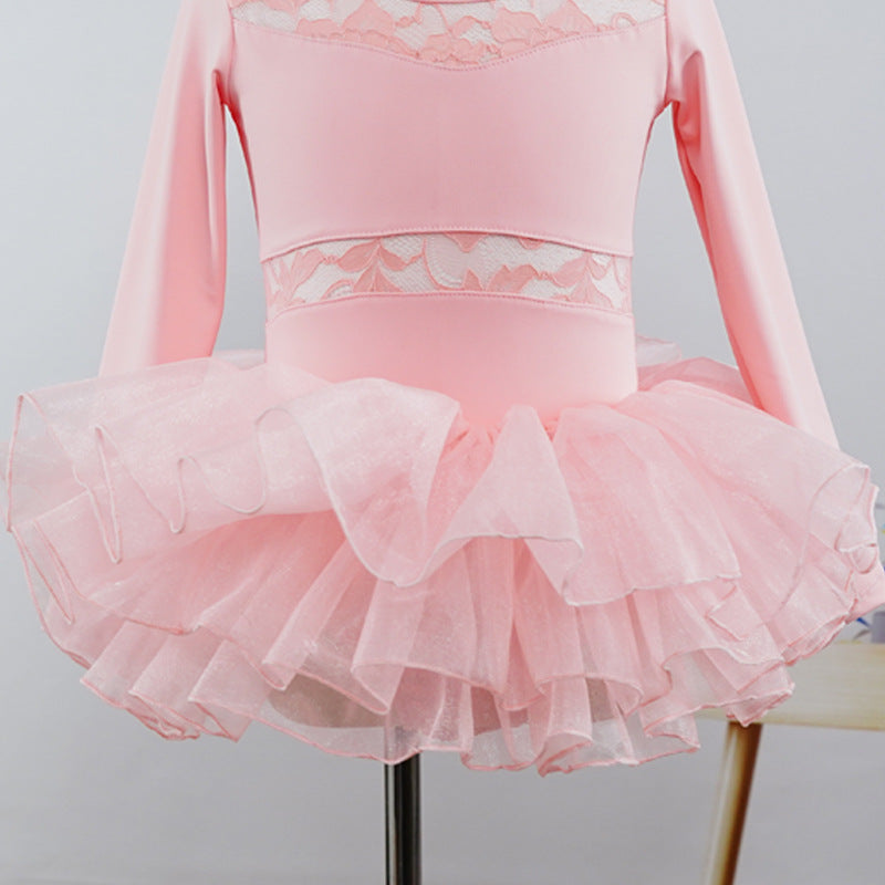 Girls Floral Lace Ballet Leotard Dress Long Sleeves Sheer Waistline Dance Activewear with Tutu Skirt