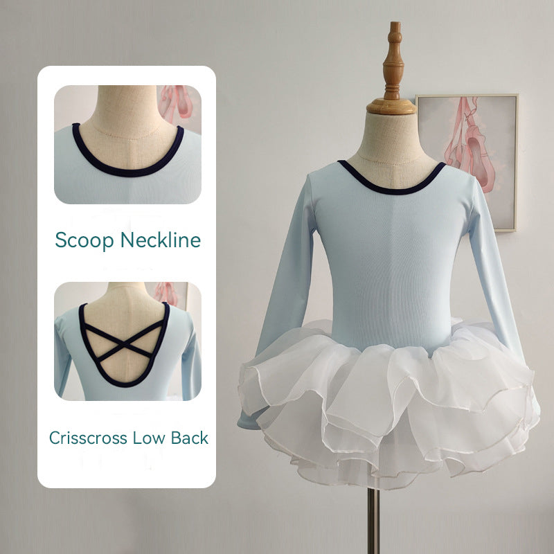 missfiona Blue Long Sleeves Ballet Dance Leotard Set Girls Low Back Dance Activewear