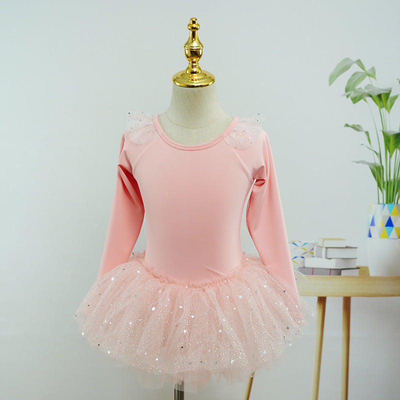 Sparkly Ruffled Lace Neckline Pink Long Sleeved Girls Ballet Leotard Dress Stage Performance Wear