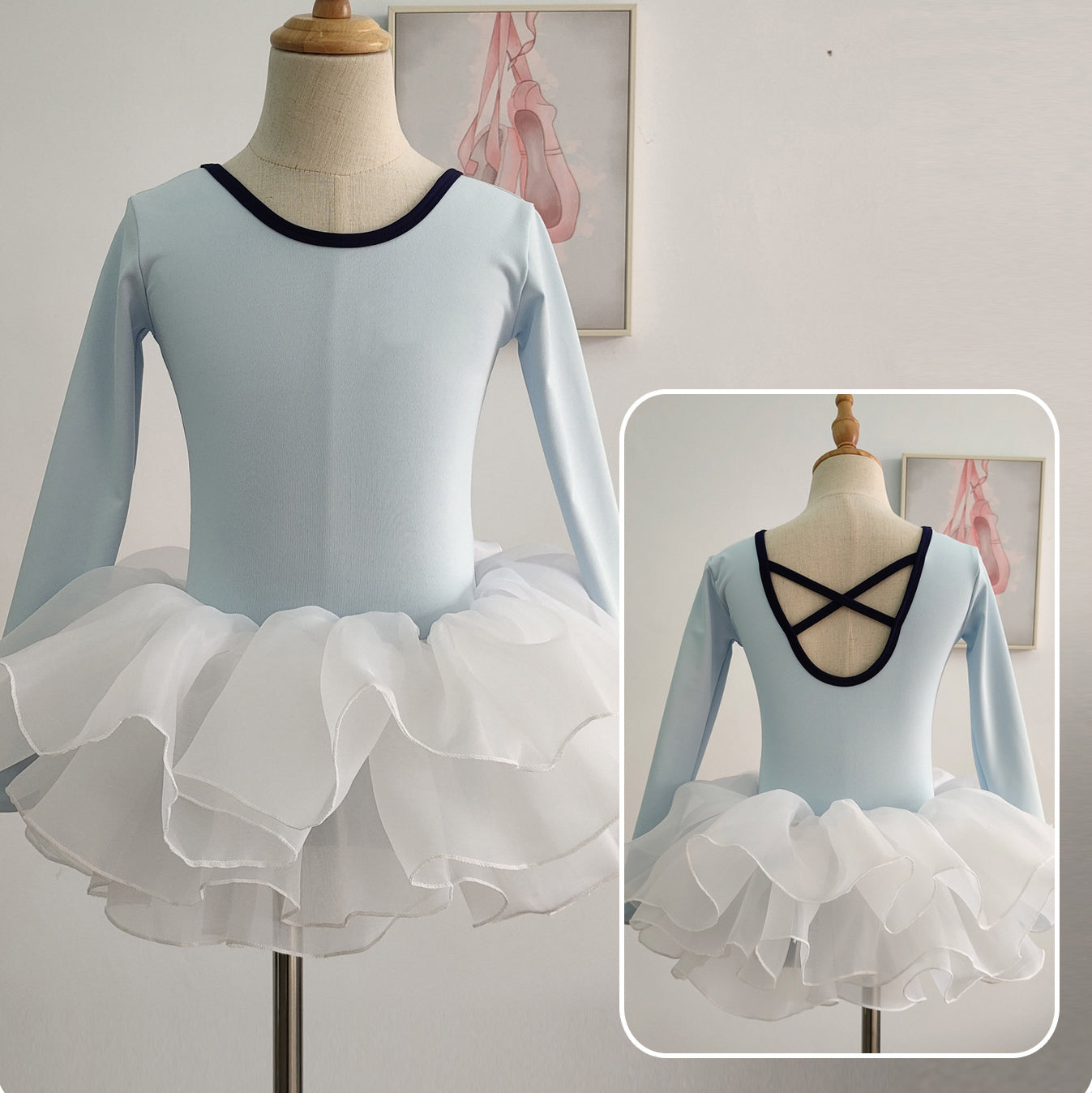 missfiona Blue Long Sleeves Ballet Dance Leotard Set Girls Low Back Dance Activewear